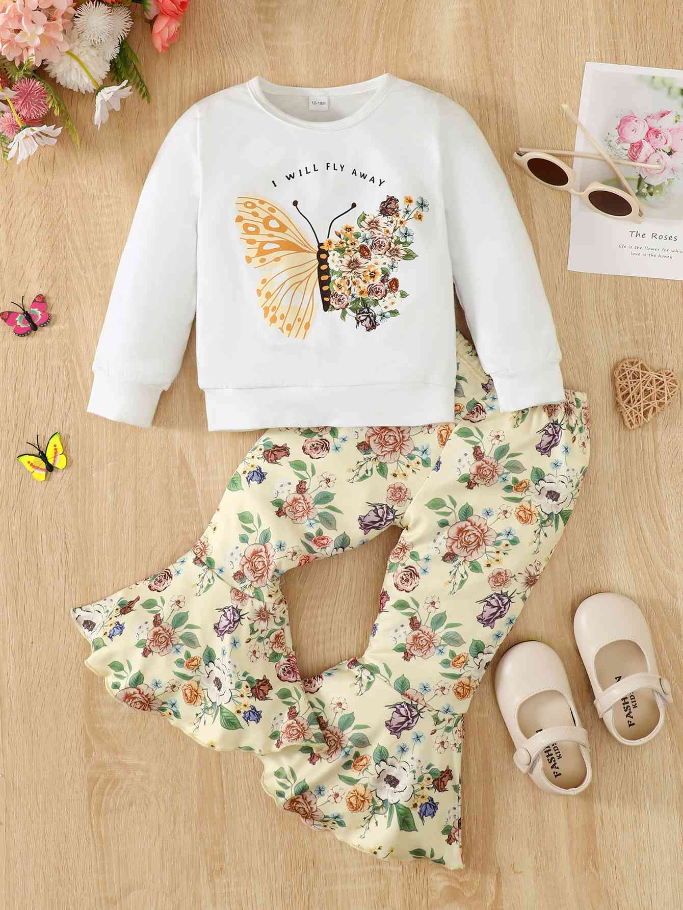 I Will FLY AWAY Butterfly Graphic Tee and Floral Print Flare Pants Kit